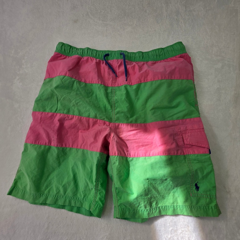 Polo Ralph Lauren Mens XL Pink Green Striped Swim Trunks Cargo Pocket Mesh Lined